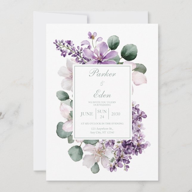 Elegant Lavender Lilac Eucalyptus Watercolor Invitation (Front)