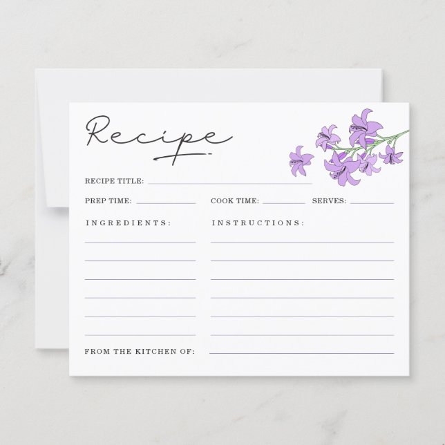 Elegant Lavender Lily Bridal Shower Recipe Cards (Front)