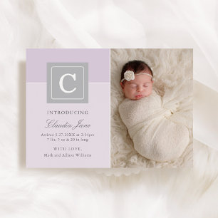Elegant Lavender Monogram Baby Girl Photo Birth Announcement