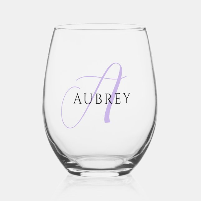 Elegant Lavender Monogram Drinkware Set Stemless Wine Glass (Front)