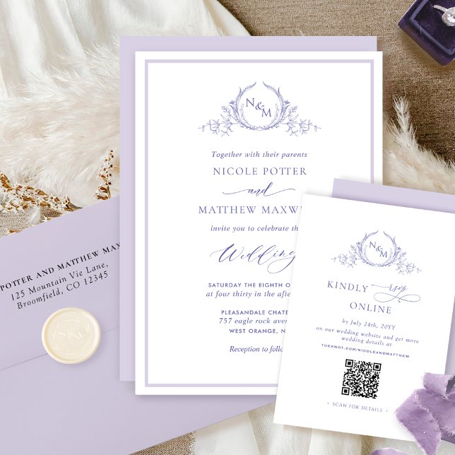 Elegant Lavender Monogram Wedding Invitation (Creator Uploaded)
