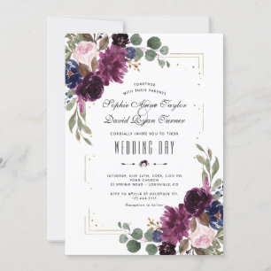 Elegant Lavender Navy Blue Floral Gold Wedding Invitation