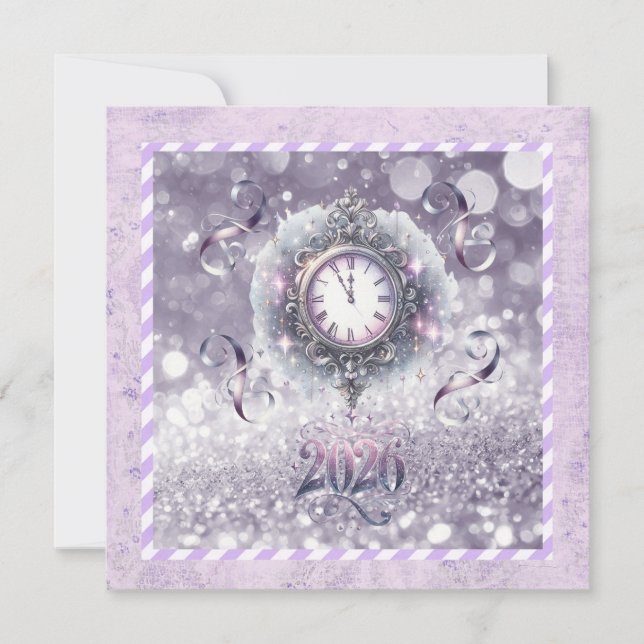 Elegant Lavender New Year 2026, Clock, Ribbons Holiday Card (Front)