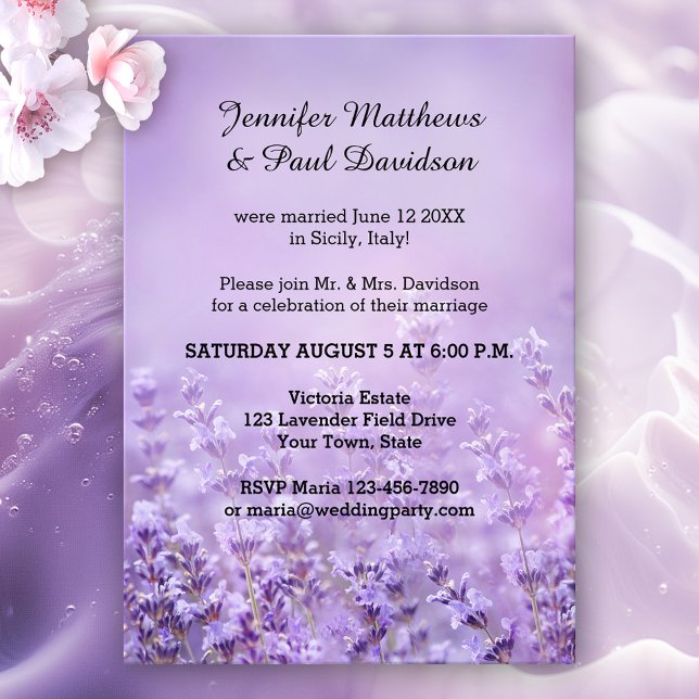 Elegant Lavender Post Wedding Party Invitation (Romantic post wedding party invitation featuring a painting of lavender flowers)