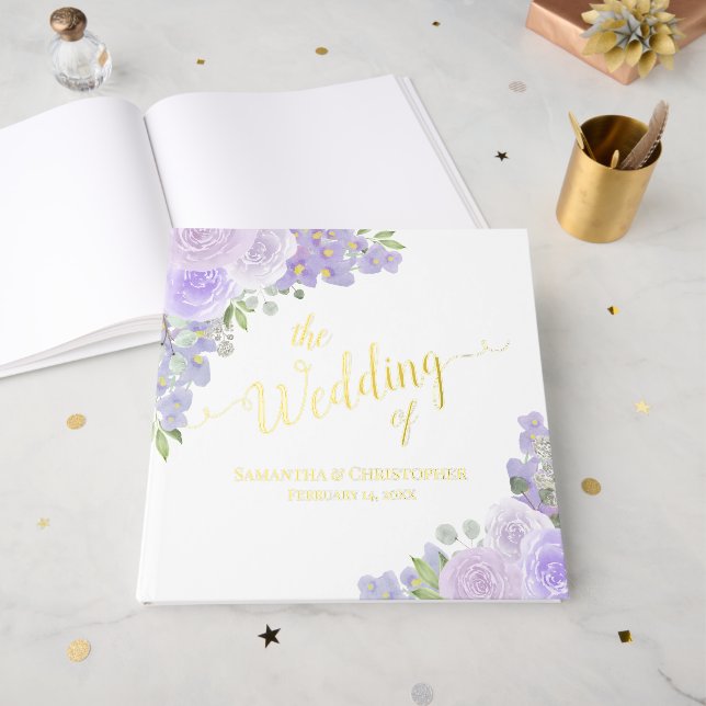 Elegant Lavender Purple Boho Floral Foil Wedding Guest Book (Front Open)