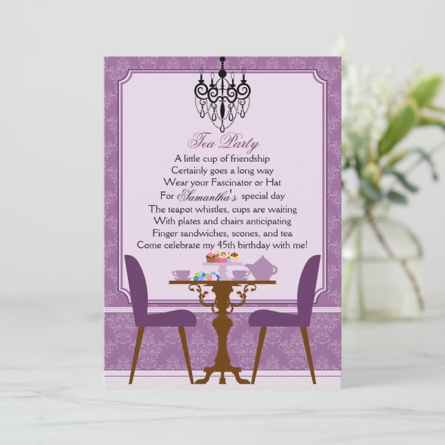 Elegant Lavender Purple Damask Birthday Tea Party Invitation (Standing Front)