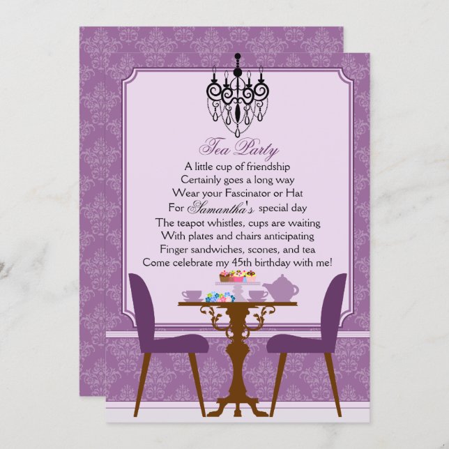 Elegant Lavender Purple Damask Birthday Tea Party Invitation (Front/Back)