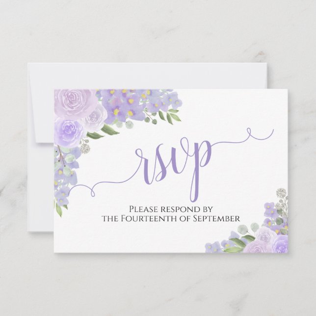Elegant Lavender Purple Floral Calligraphy Wedding RSVP Card (Front)