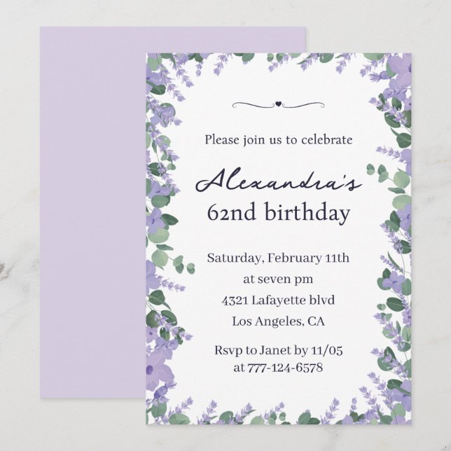 Elegant Lavender Purple Floral Frame 62nd birthday Invitation (Front/Back)