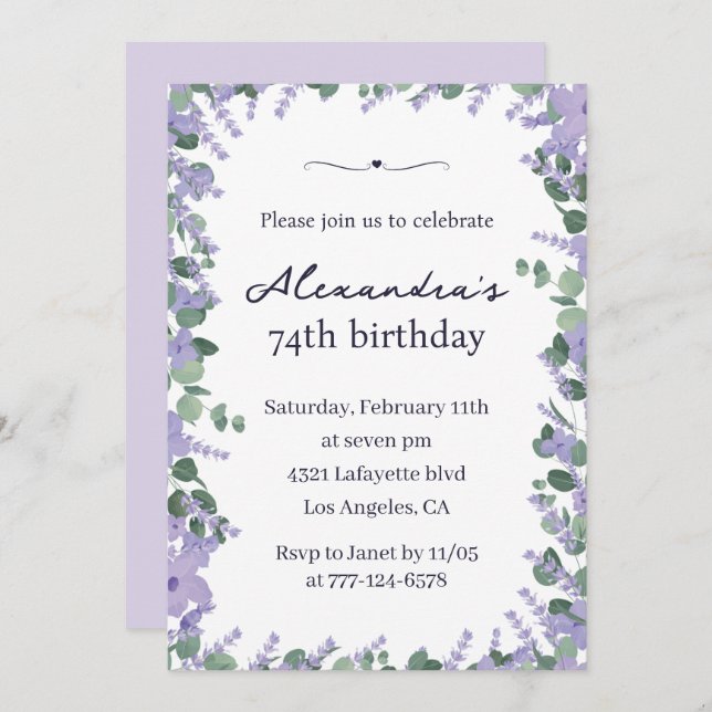 Elegant Lavender Purple Floral Frame 74th birthday Invitation (Front/Back)