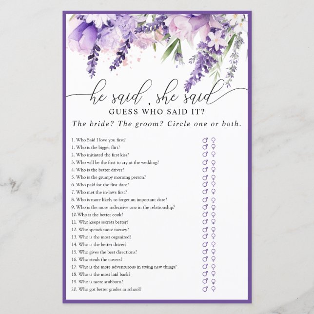Elegant Lavender Purple Flowers Bridal Shower Game (Front)