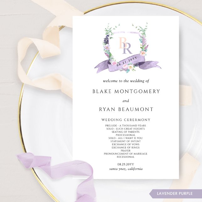 Elegant Lavender Purple Monogram Wedding Program (Creator Uploaded)