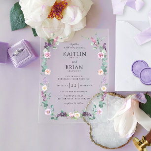 Elegant Lavender Purple, Pastel Floral Wedding Acrylic Invitations