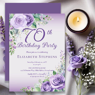 Elegant Lavender Purple Rose Floral 70th Birthday Invitation