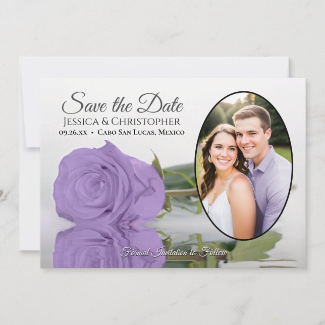 Elegant Lavender Purple Rose Oval Photo Wedding Save The Date (Front)