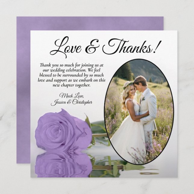Elegant Lavender Purple Rose Oval Photo Wedding Thank You Card (Front/Back)