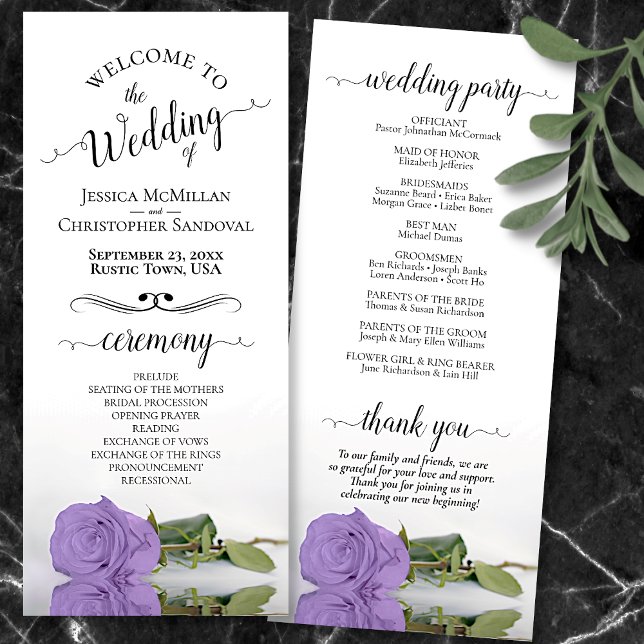 Elegant Lavender Purple Rose Romantic Wedding Program (Front and Back)