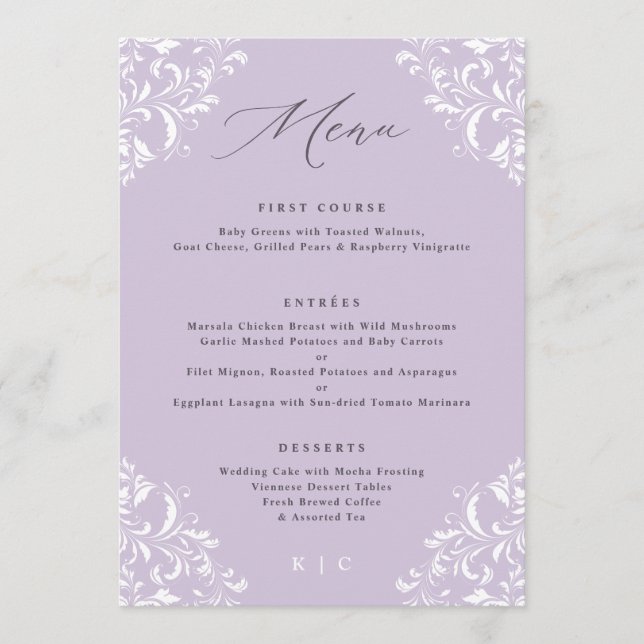 Elegant Lavender Purple Vintage Wedding Menu (Front)