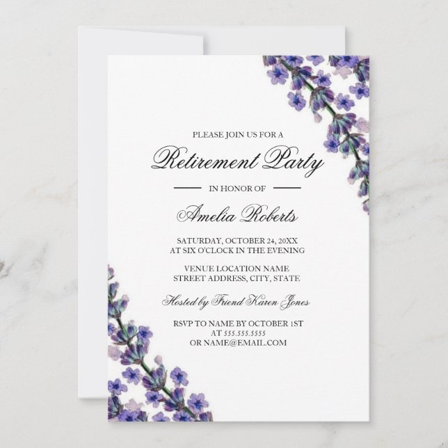 Elegant Lavender Retirement Party Invitation (Front)