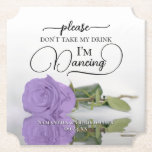Elegant Lavender Rose Don't Take My Drink Wedding Paper Coaster<br><div class="desc">This wedding coaster is elegant, stylish, and fun! It features a photo of a single long-stemmed light purple or lavender coloured rose lying on its side mirrored in a pool of water. The text reads "Please don't take my drink, I'm dancing" written in modern script lettering. There is space for...</div>