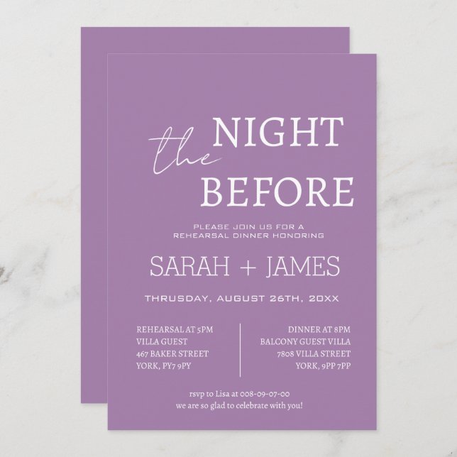 Elegant Lavender the Night Before Dinner Wedding Invitation (Front/Back)
