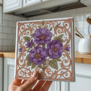 Elegant Lavender Vintage Nouveau Floral Ceramic Tile