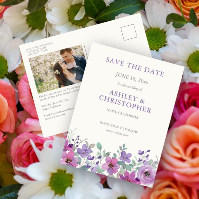 Elegant Lavender Watercolor Floral Wedding Invite Postcard (Creator Uploaded)