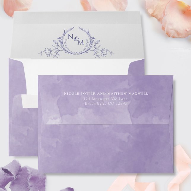 Elegant Lavender Watercolor Monogram Wedding Envelope (Creator Uploaded)