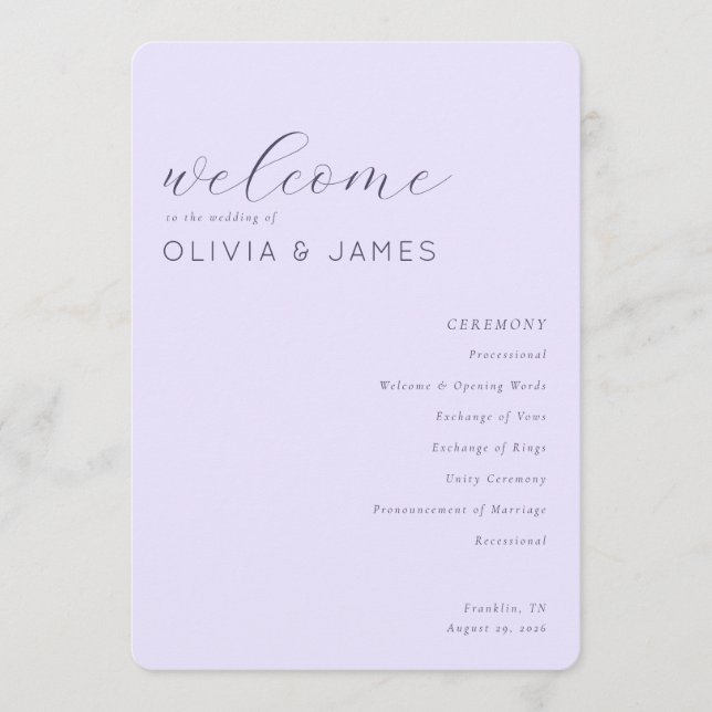 Elegant Lavender Wedding Ceremony Schedule Program (Front)
