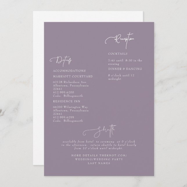 Elegant Lavender Wedding Detail Invitation (Front/Back)