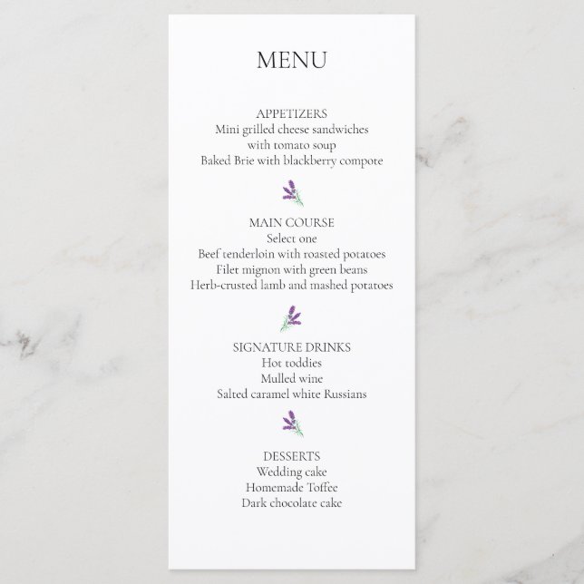 Elegant Lavender Wedding Reception Menu Card (Front)