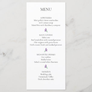 Elegant Lavender Wedding Reception Menu Card