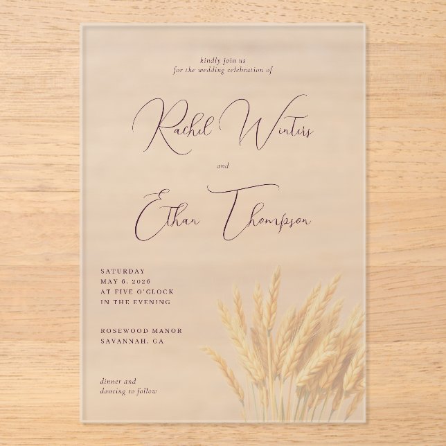 Elegant Lavender Wheat Stalks Acrylic Invitations (Front)