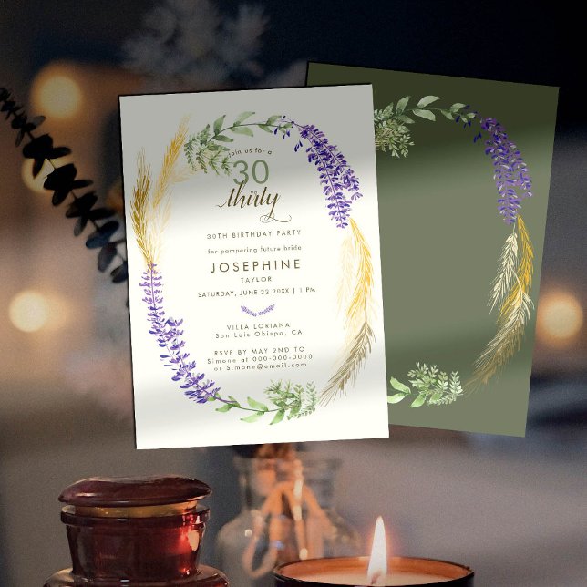 Elegant Lavender Wheat Wreath Spa 30th Birthday Invitation (Creator Uploaded)