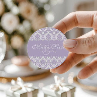 Elegant Lavender White Damask Wedding Favour Classic Round Sticker