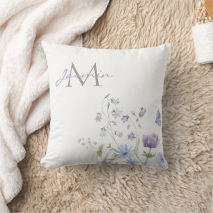 Elegant Lavender Wildflowers Butterflies Monogram Cushion