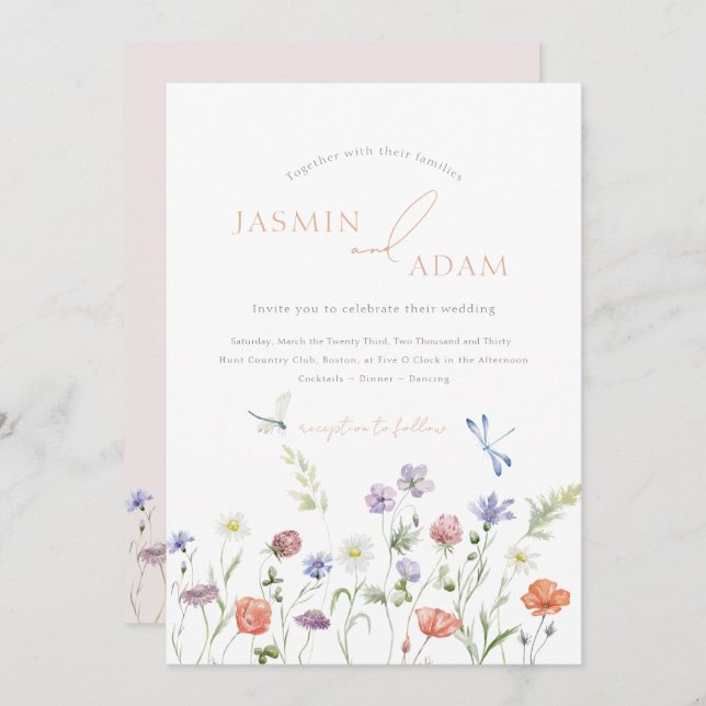 Elegant Lavender Wildflowers Dragonflies Wedding Invitation (Front/Back)