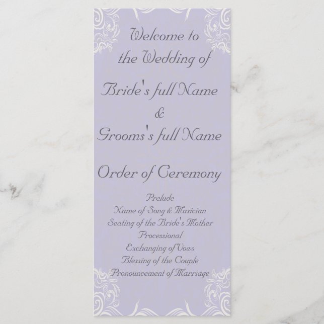 Elegant Lavender with White Swirls Wedding Program (Front)