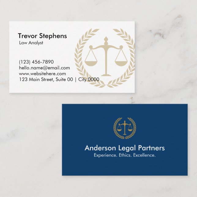 Elegant Law Firm Professional Navy Blue White Gold Business Card (Front/Back)