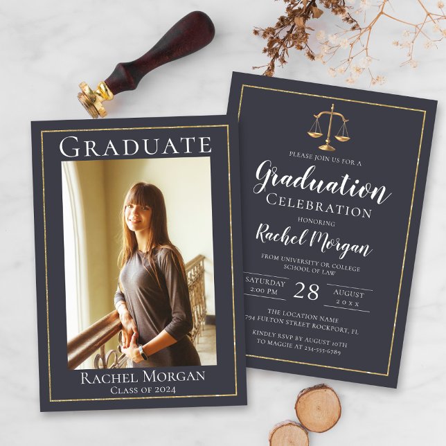 Elegant Law School Gold Justice Graduation Photo Invitation (Creator Uploaded)