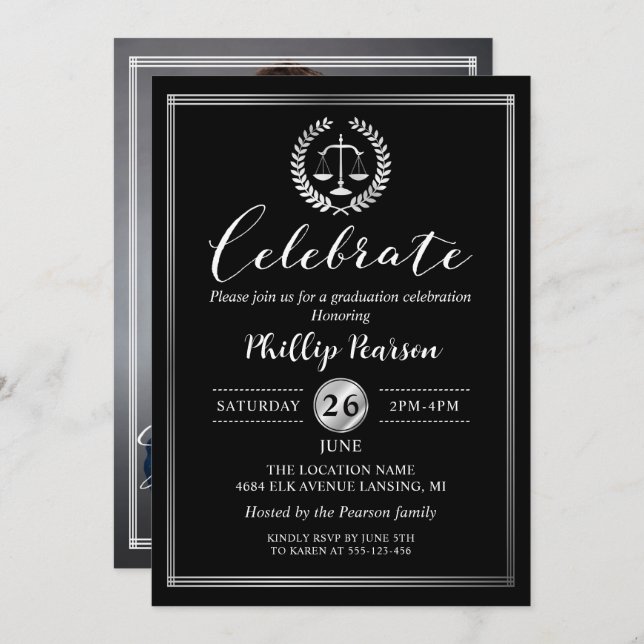 Elegant Law School Graduation Party Photo Invitation (Front/Back)