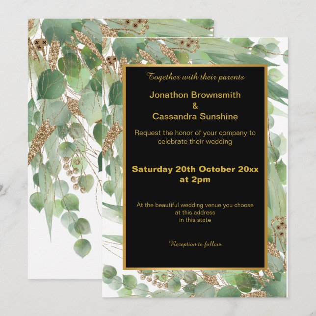 ELEGANT LAYERED GOLD BLACK EUCALYPTUS INVITATION (Front/Back)