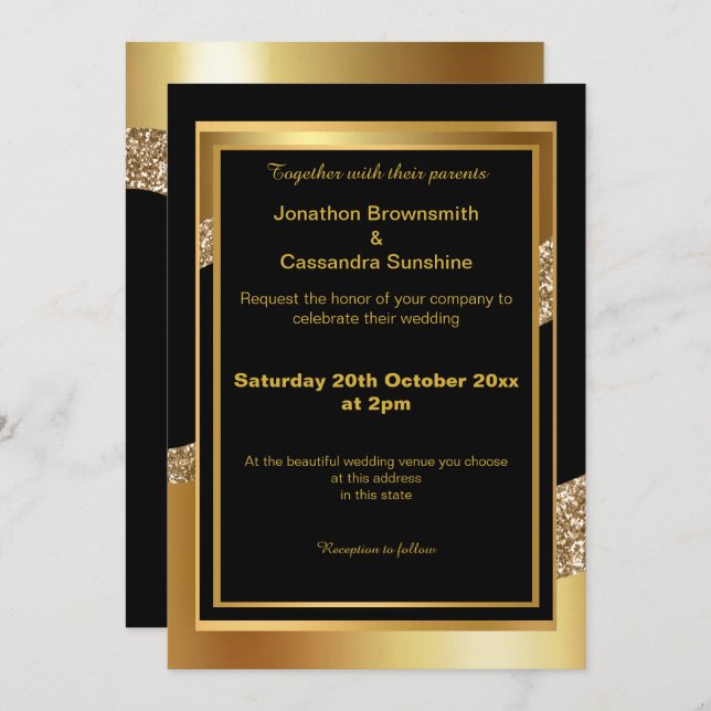 ELEGANT LAYERED GOLD BLACK GLITTER WAVE INVITATION (Front/Back)