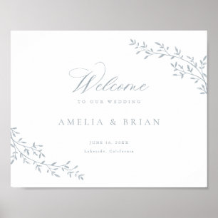 Elegant Leaf Branch Botanical Blue Wedding Welcome Poster