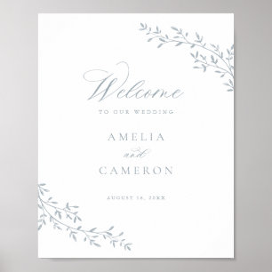 Elegant Leaf Branch Botanical Blue Wedding Welcome Poster