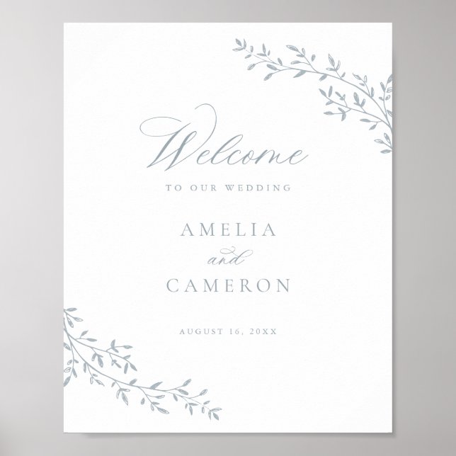 Elegant Leaf Branch Botanical Blue Wedding Welcome Poster (Front)