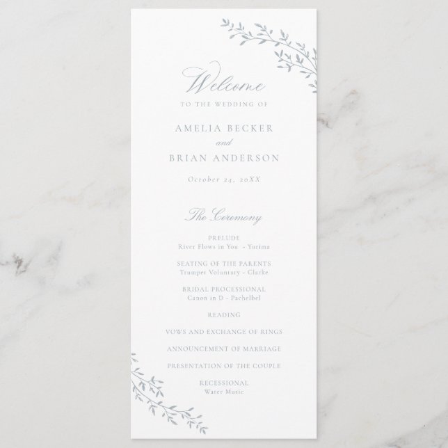 Elegant Leaf Branch Dusty Blue Wedding Program (Front)