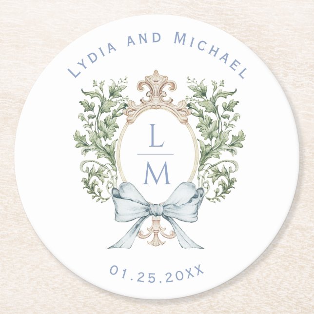 Elegant Leaf Crest w/ Bow | Monogram Wedding Round Paper Coaster (Front)