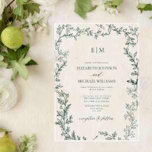 Elegant Leaf Emerald Green Monogram Wedding Acrylic Invitations