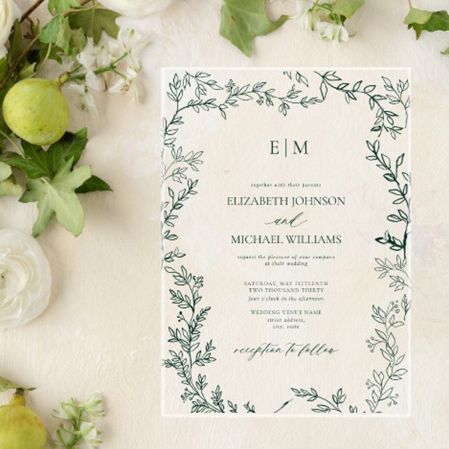 Elegant Leaf Emerald Green Monogram Wedding Acrylic Invitations (Creator Uploaded)